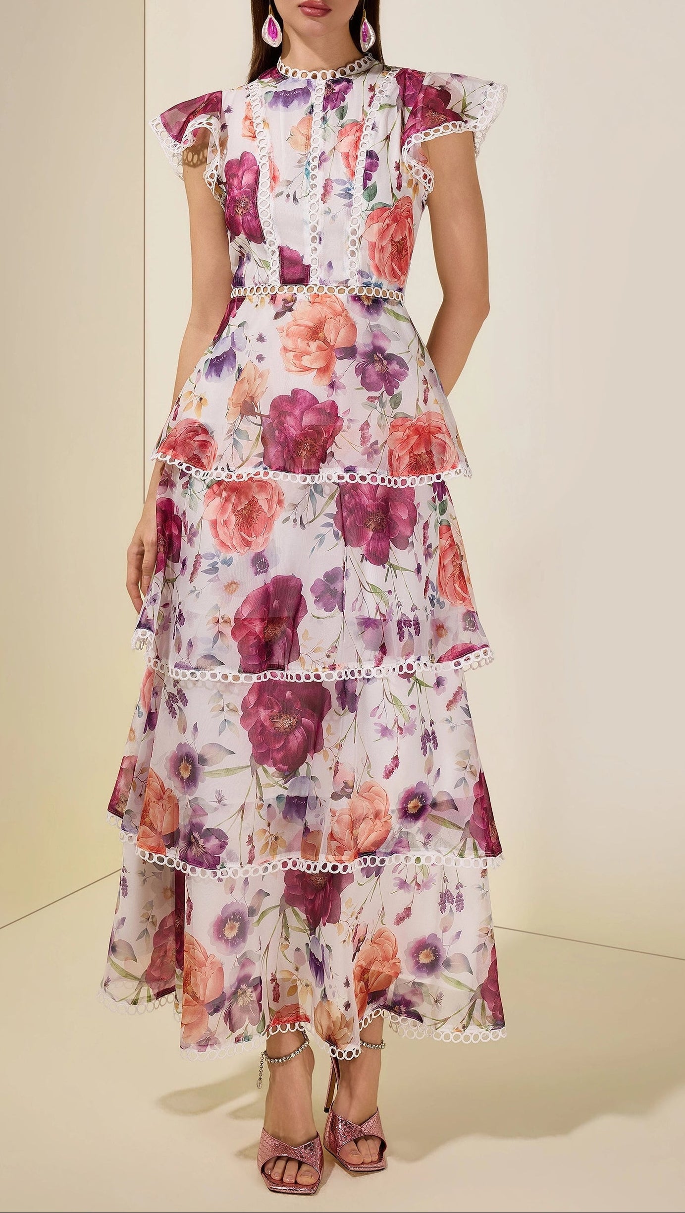 zenobia Floral Lace Ruffle Maxi Dress - white