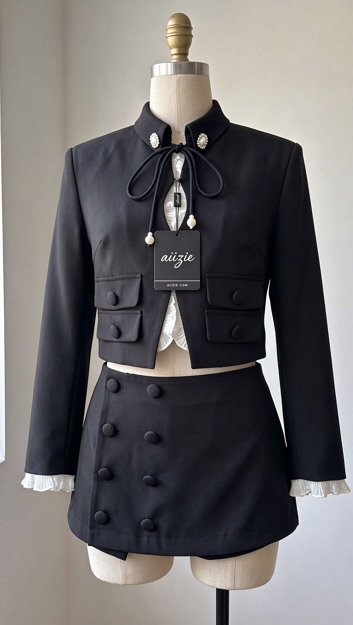 Black Structured Two-Piece Cropped Jacket and Mini Skort Set