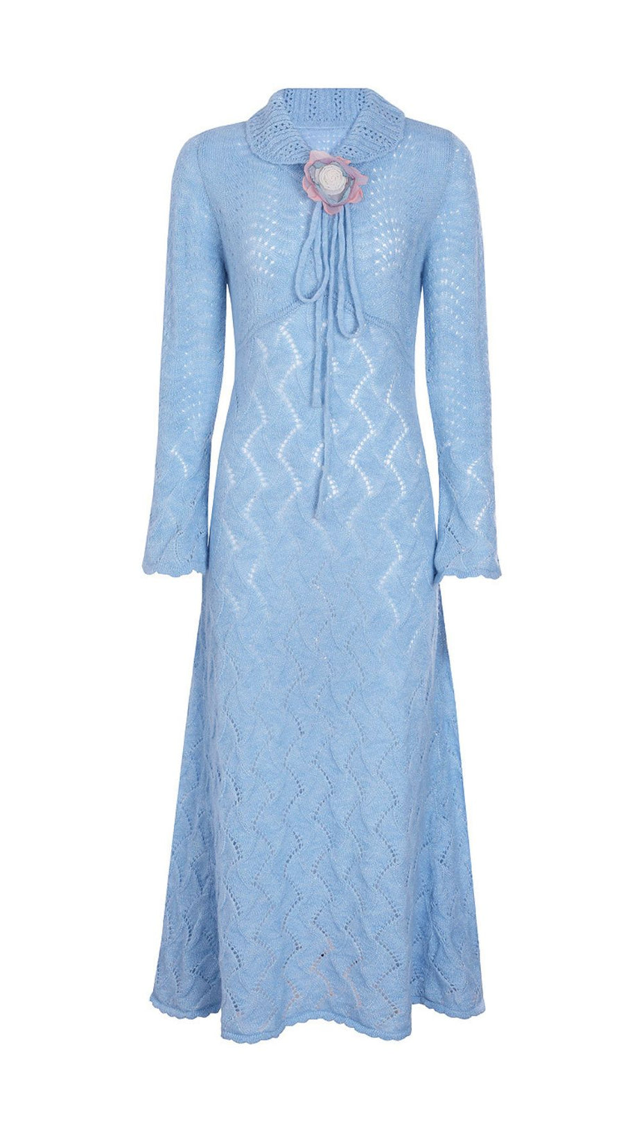 Jorge Sky Blue Floral Knit Midi Dress - Long Sleeve & Charming Tie-Front