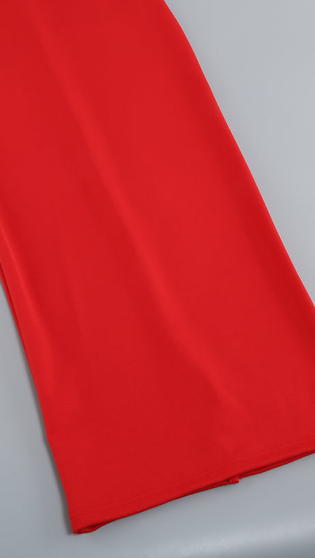 OFF-SHOULDER FEATHER PANEL RED DRESS