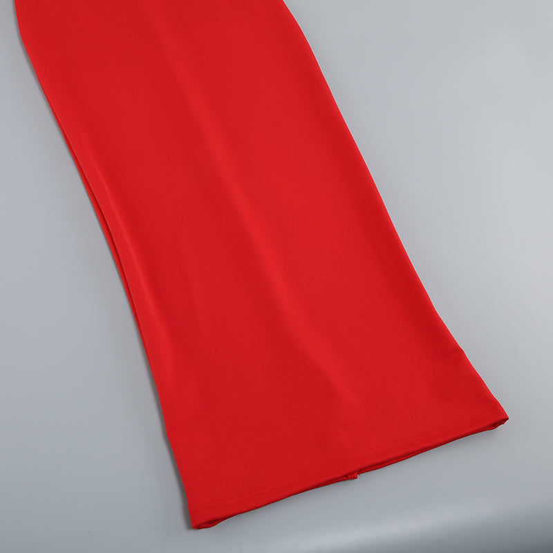 Off-shoulder feather panel red dress
