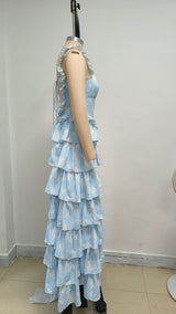 Light blue suspender cake maxi dress