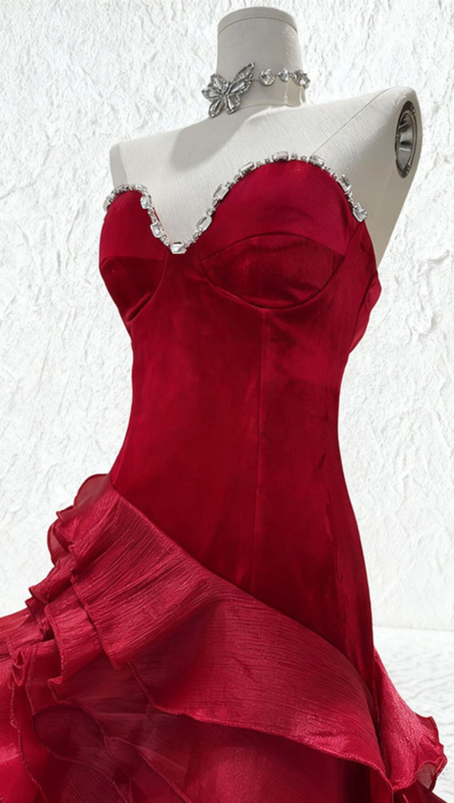 HOVA RUBY RED STRAPLESS RUFFLE MAXI GOWN - DAZZLING VELVET & CHIFFON