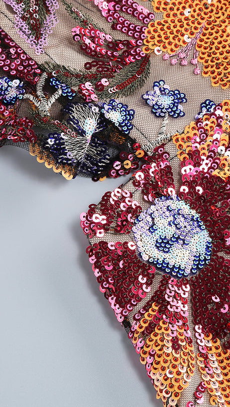 RUFFLE FLORAL SEQUIN EMBROIDERED MINI DRESS