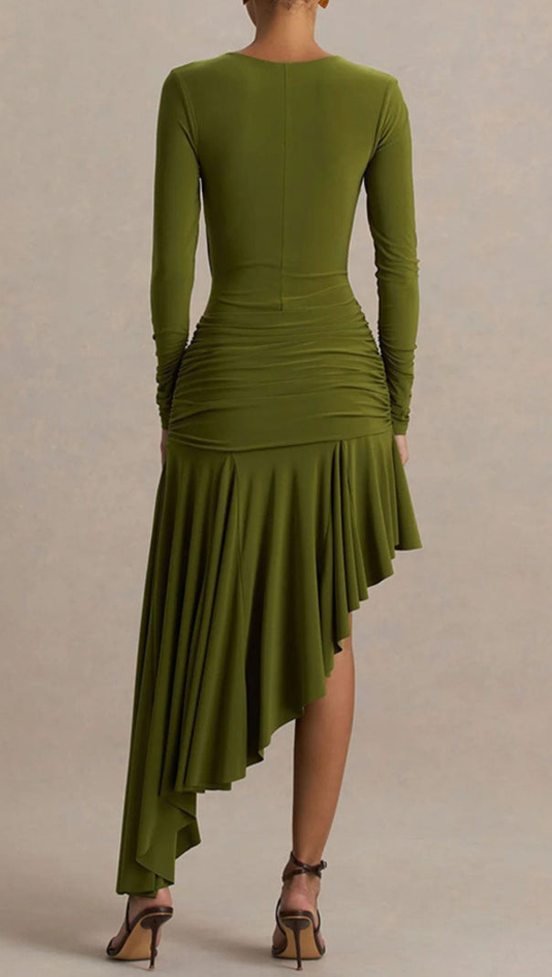 AIIZIE Nedelya Draped Long Sleeve Midi Dress – Elegant Olive Green Day-to-Night Style - product image