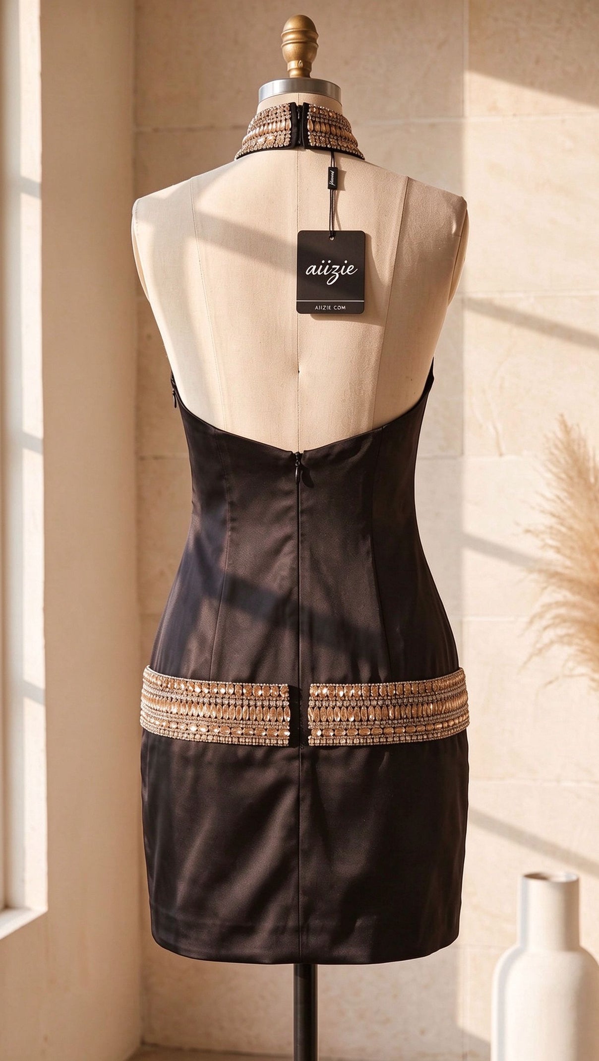 Black Satin Bodycon Dress with Crystal Embellishments