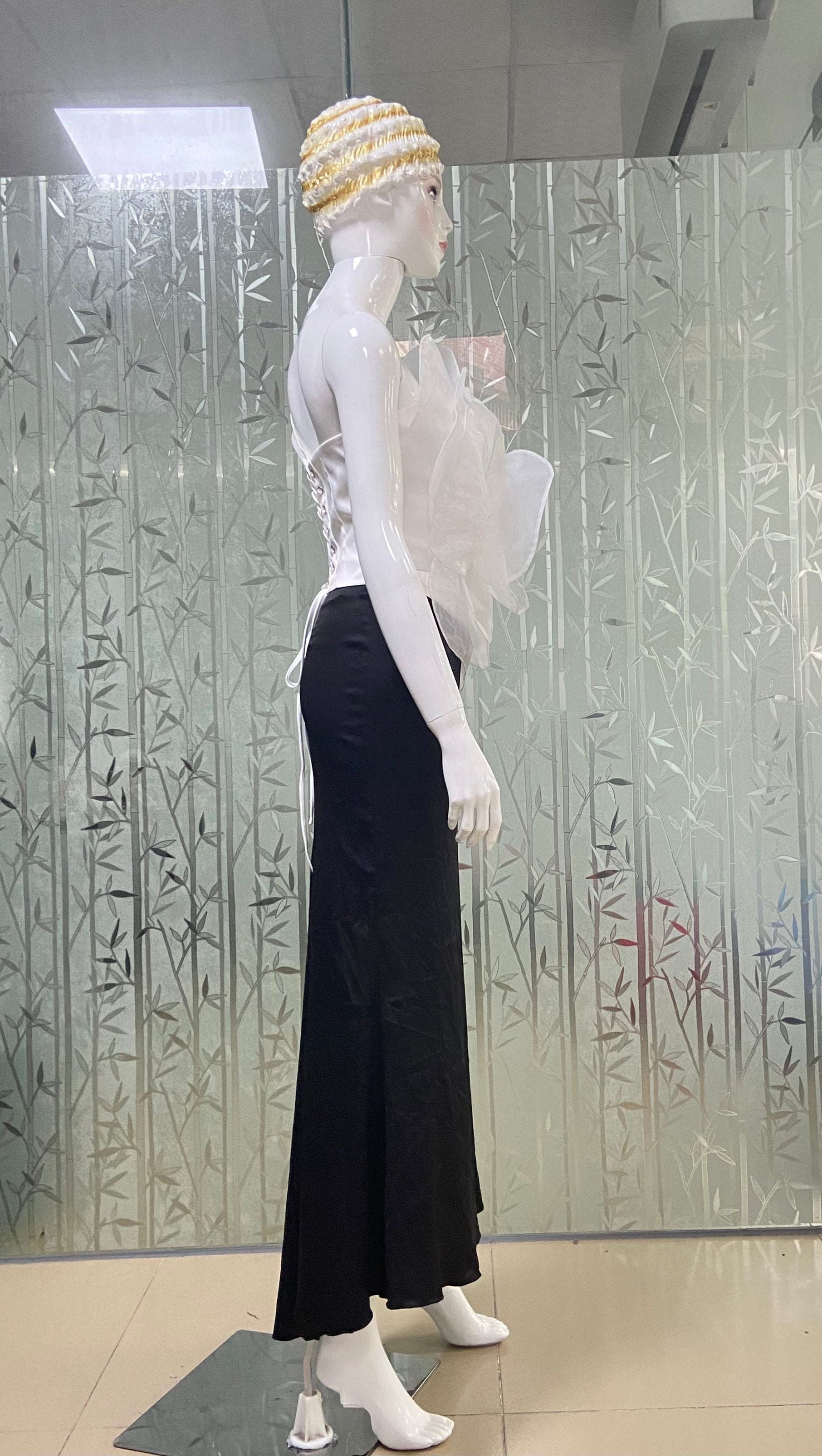 AIIZIE 3D WHITE FLOWER ONE-SHOULDER MAXI DRESS IN BLACK - product image
