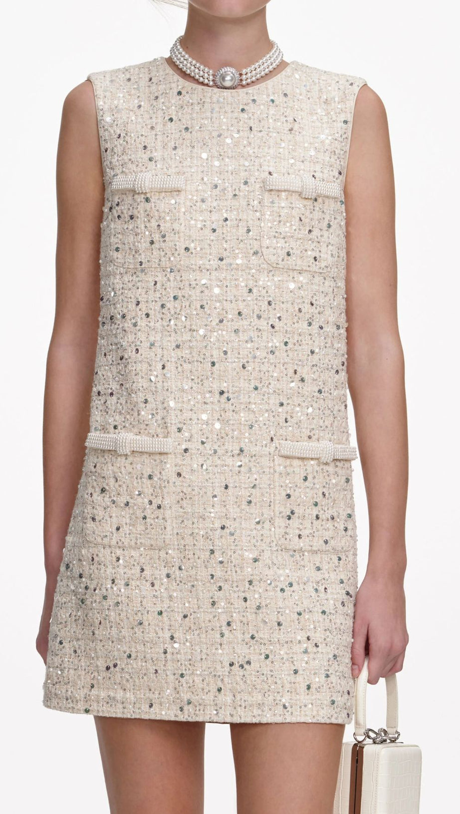Janessa Sparkle Tweed Mini Dress with Pearl Trim