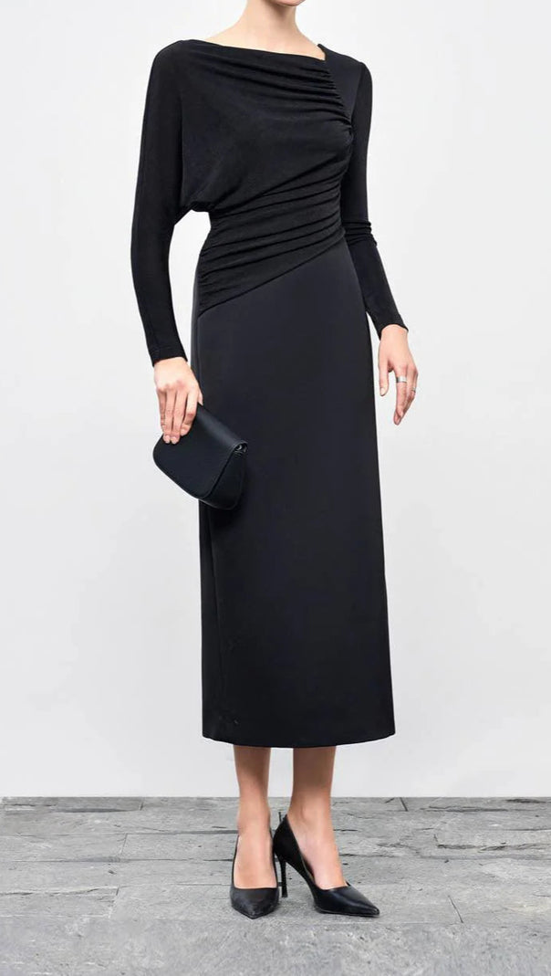 AIIZIE MIRABEL A-LINE BACK SLIT TAFFETA MIDI DRESS IN BLACK - product image