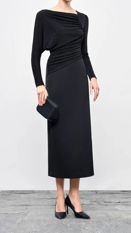 ABITO MIDI MIRABEL IN TAFFETÀ NERO CON SPACCO SULLA SCHIENA