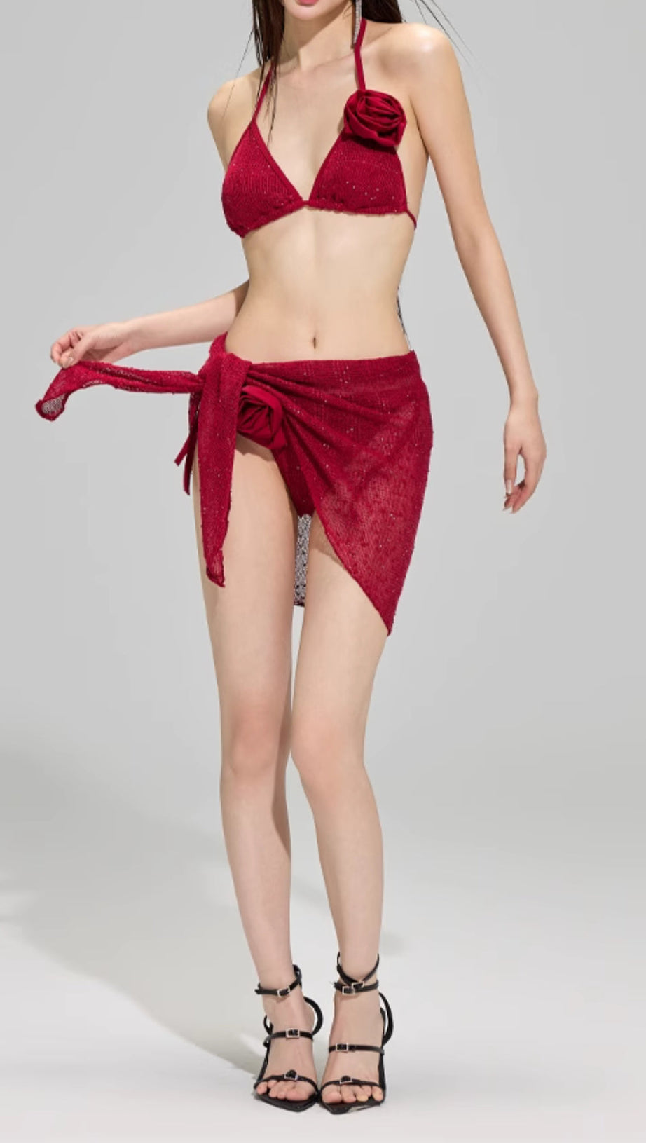 DARINA RED FLOWER SEQUIN THREE-PIECE SWIMSUIT