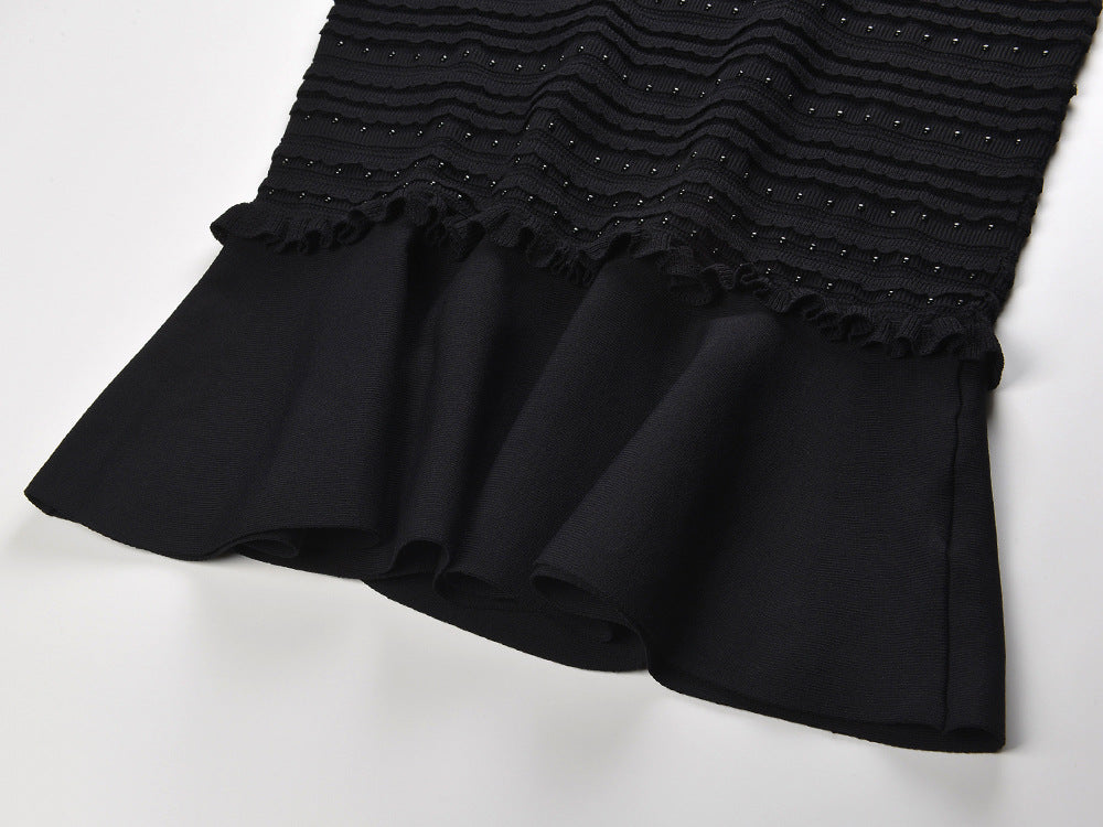 Chic Studded Knit Midi Dress | Black Sleeveless Flounce Hem