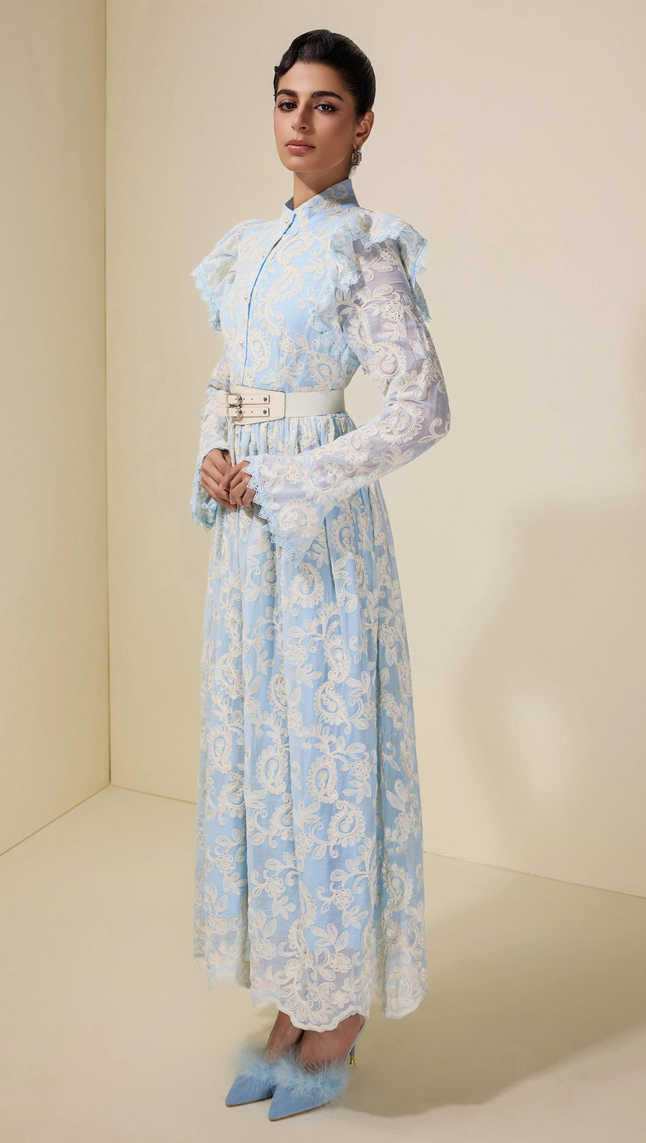 alma Chiffon Embroidered Single Breasted Midi Dress With Belt - blue