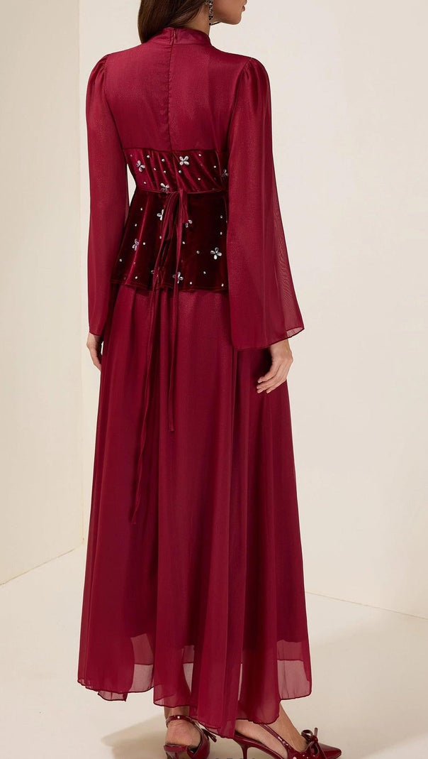 caroline Strass-Samt-Spleiß Maxikleid - Burgund