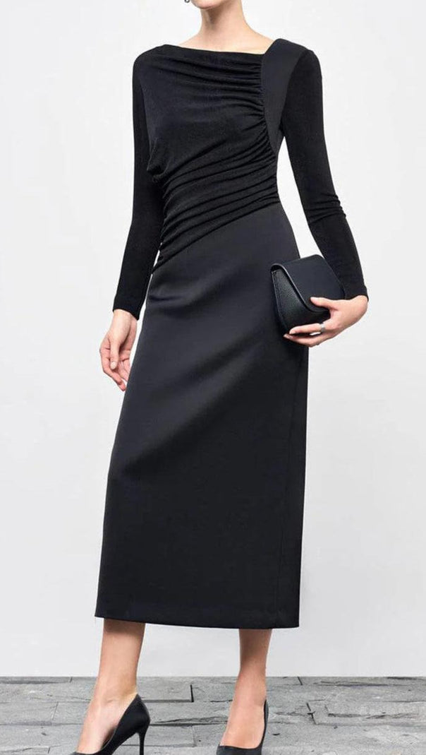AIIZIE MIRABEL A-LINE BACK SLIT TAFFETA MIDI DRESS IN BLACK - product image