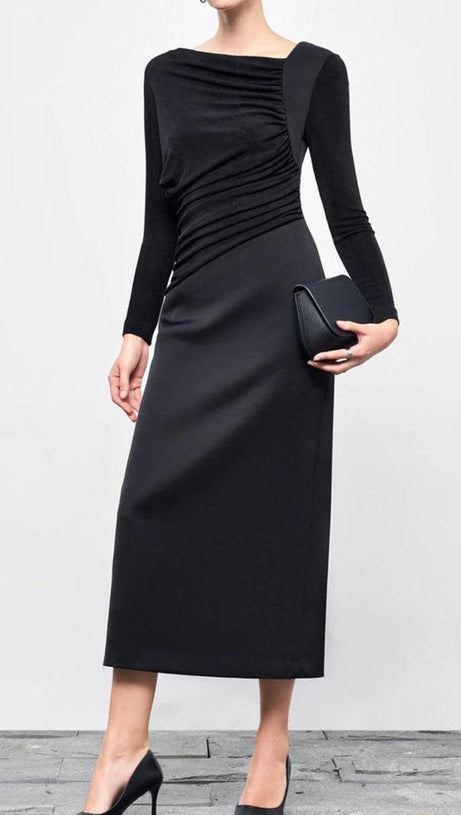 ABITO MIDI MIRABEL IN TAFFETÀ NERO CON SPACCO SULLA SCHIENA