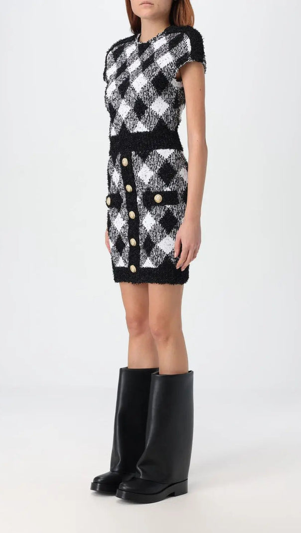AIIZIE BUTTON-EMBELLISHED PLAID TEXTURE MINI DRESS - product image