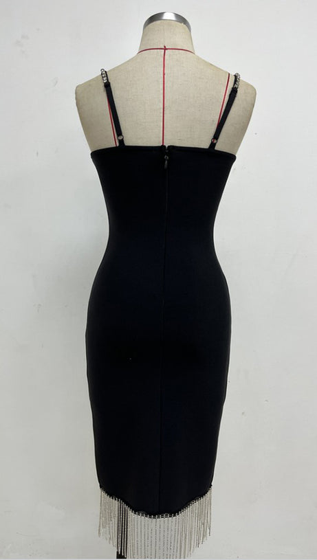 RHINESTONE METAL CHAIN TASSEL BANDAGE DRESS