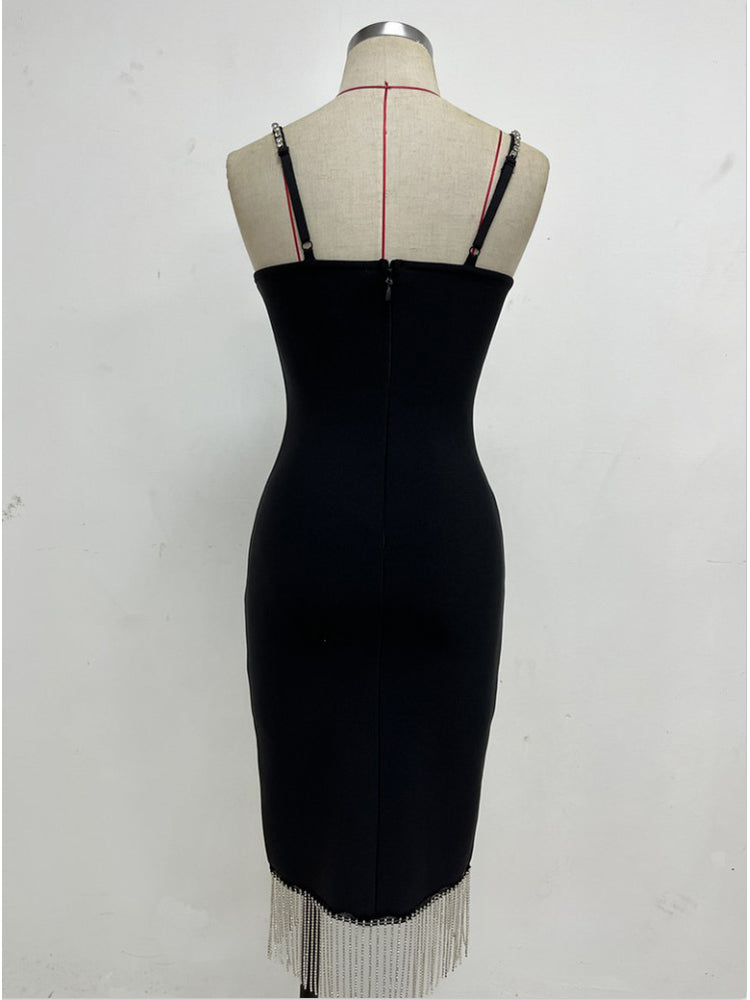 RHINESTONE METAL CHAIN TASSEL BANDAGE DRESS