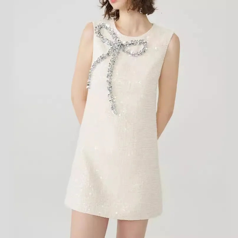 BOW SEQUIN TWEED SLEEVELESS MINI DRESS IN WHITE