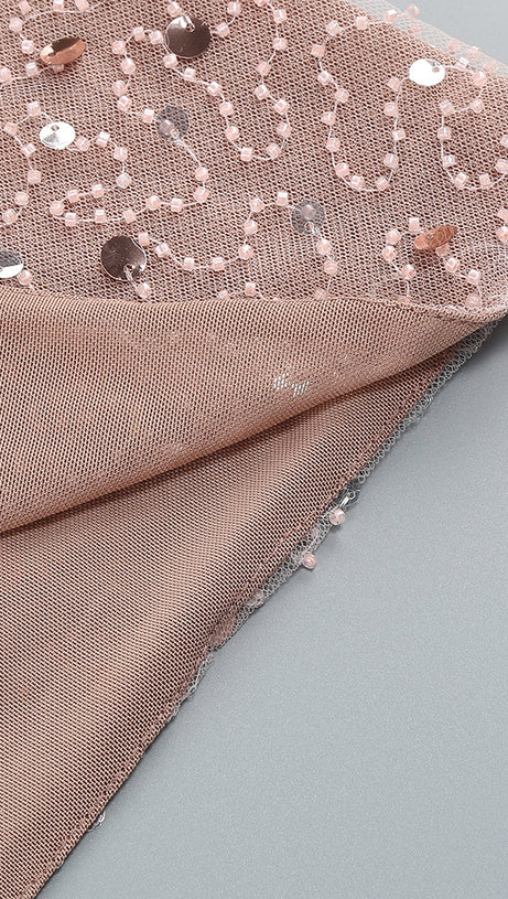 CRYSTAL LEAF EMBELLISHED SEQUIN MAXI DRESS IN PALE BROWN