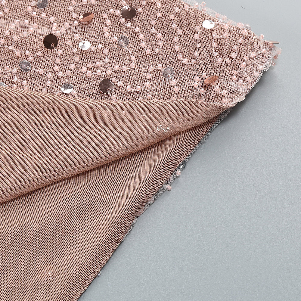 AIIZIE CRYSTAL LEAF EMBELLISHED SEQUIN MAXI DRESS IN PALE BROWN - product image