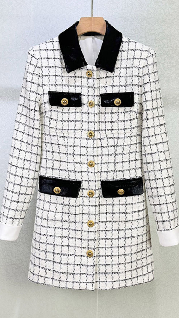 AIIZIE Luxe Windowpane Bouclé Mini Dress with Leather Trim & Gold Buttons - product image