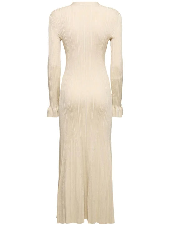 RIBBED VISCOSE LAMÉ MIDI DRESS IN BEIGE