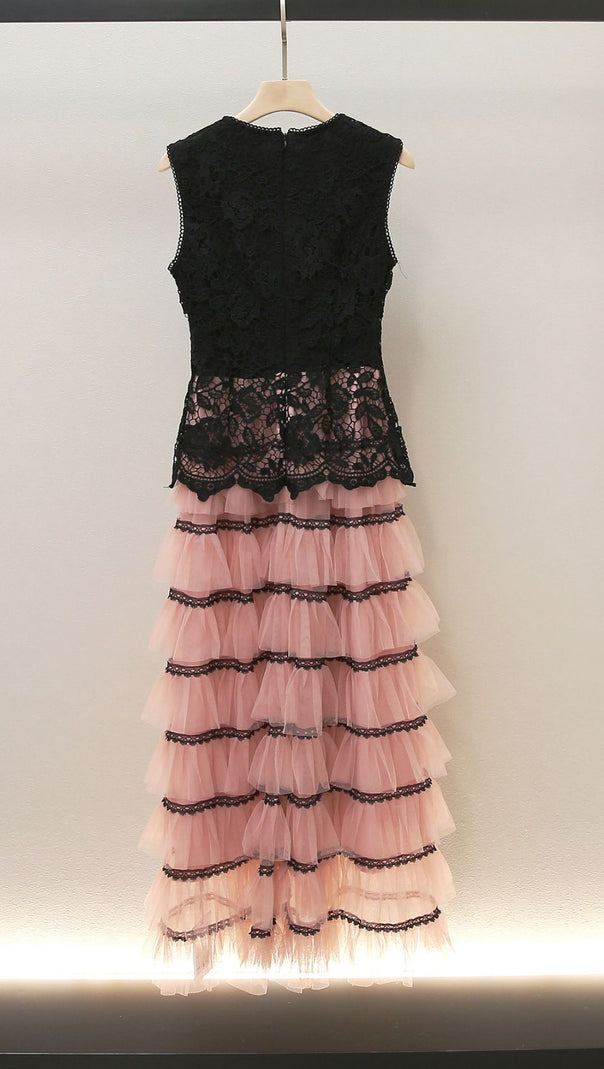AIIZIE HUMITA ENCHANTING BLACK LACE & BLUSH TIERED TULLE MAXI DRESS - product image