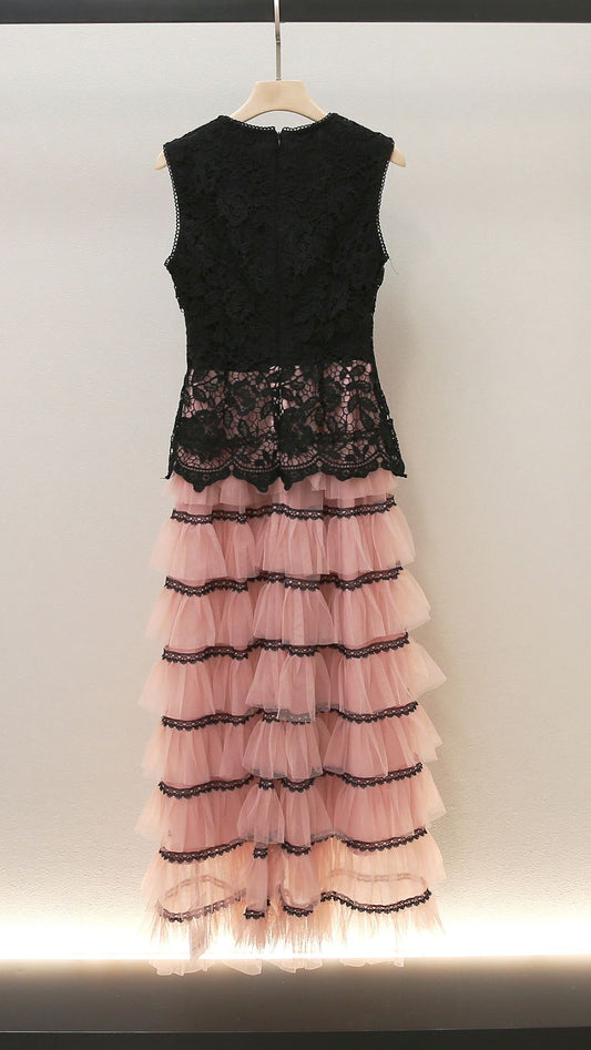 AIIZIE HUMITA ENCHANTING BLACK LACE & BLUSH TIERED TULLE MAXI DRESS - product image