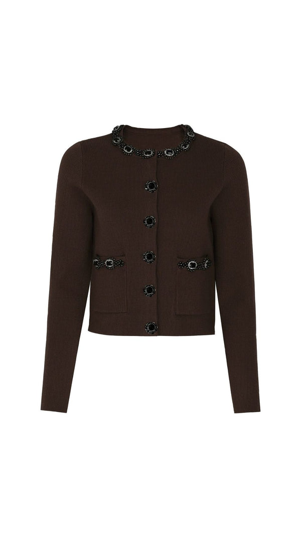 AIIZIE Jie Chic Coffee Ribbed Knit Cardigan & Midi Skirt Set with Embellishments - product image