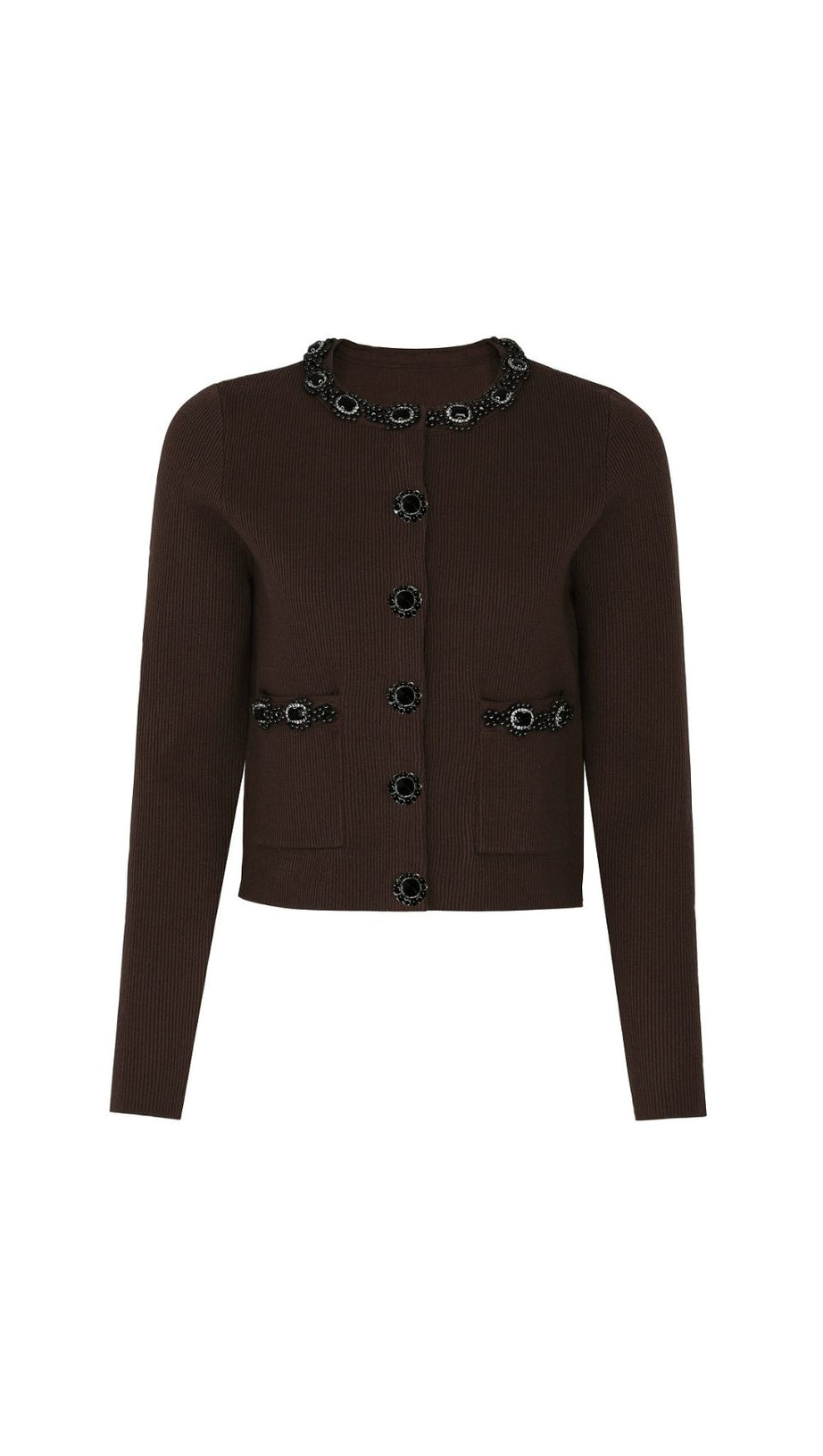 Jie Chic Coffee Ribbed Knit Cardigan & Midi Skirt Set with Embellishments