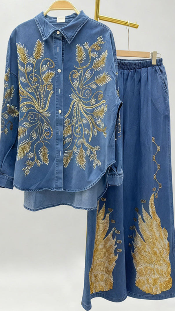 AIIZIE Jena Artisan Embroidered Denim Set - Women's Boho Chic Wide-Leg Pants & Shirt - product image