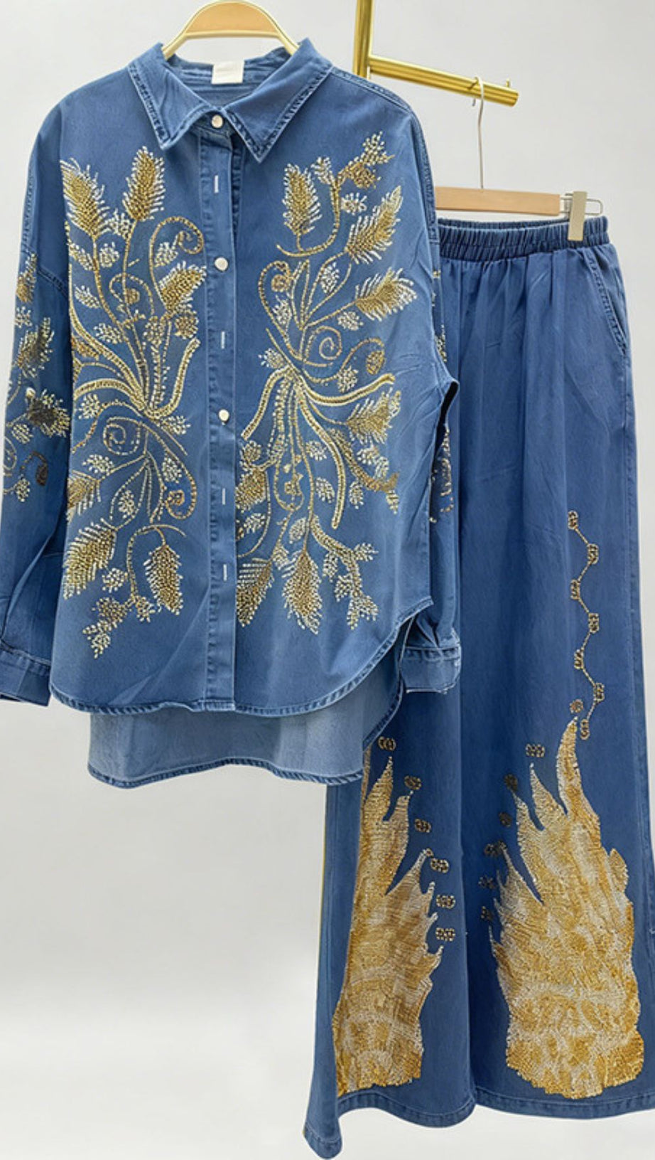 Jena Artisan Embroidered Denim Set - Women's Boho Chic Wide-Leg Pants & Shirt