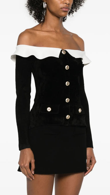 CLAIRE CHENILLE KNIT OFF SHOULDER TOP IN BLACK