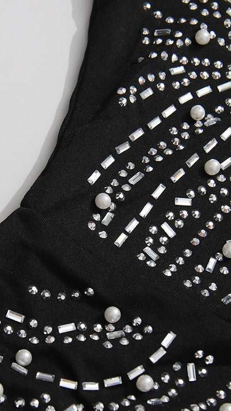 HAWKEYE DAZZLING BLACK CRYSTAL & PEARL BEADED LONG SLEEVE MINI DRESS