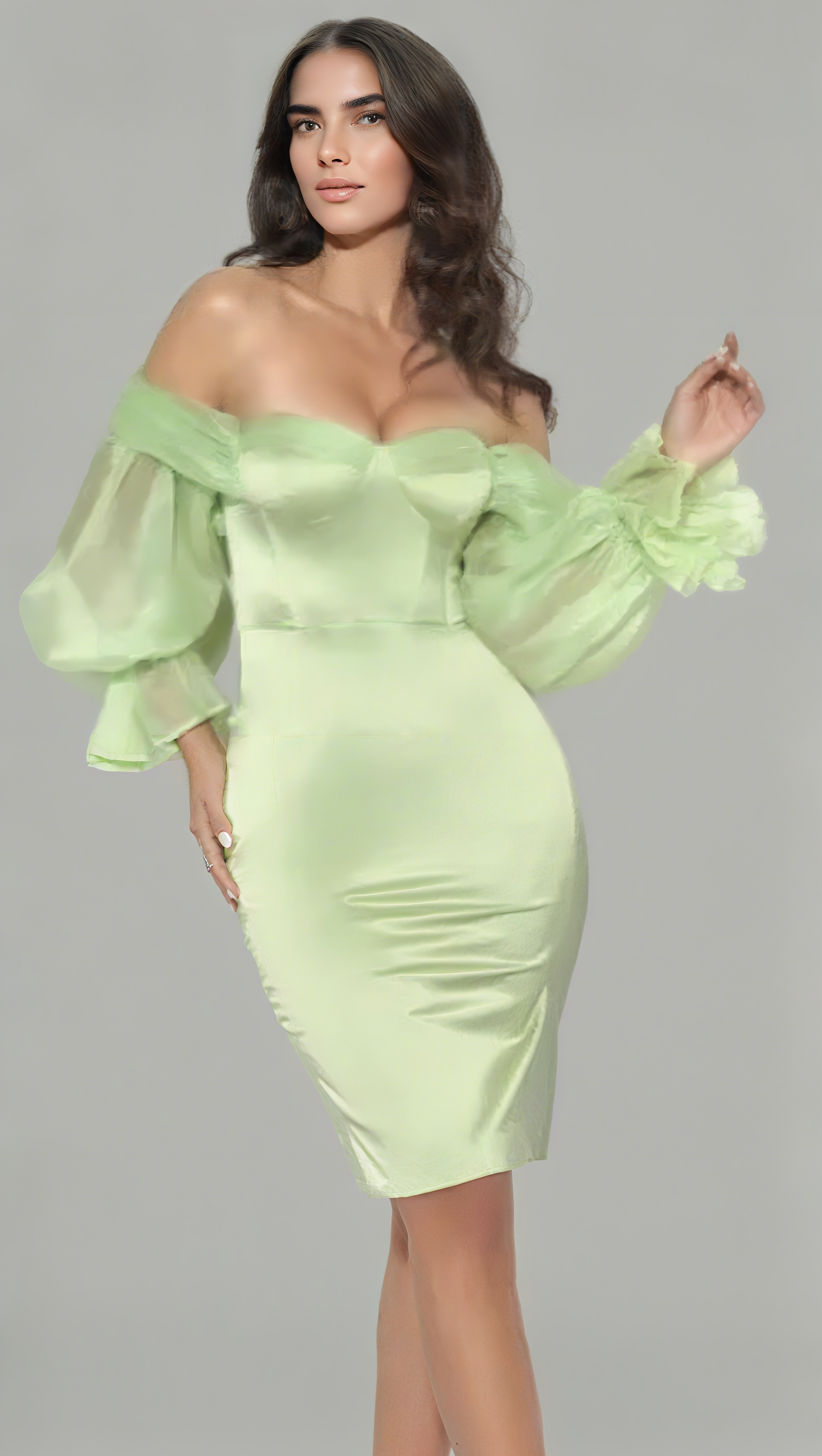 AIIZIE SATIN STRAPLESS PUFF SLEEVE MINI DRESS IN MINT - product image
