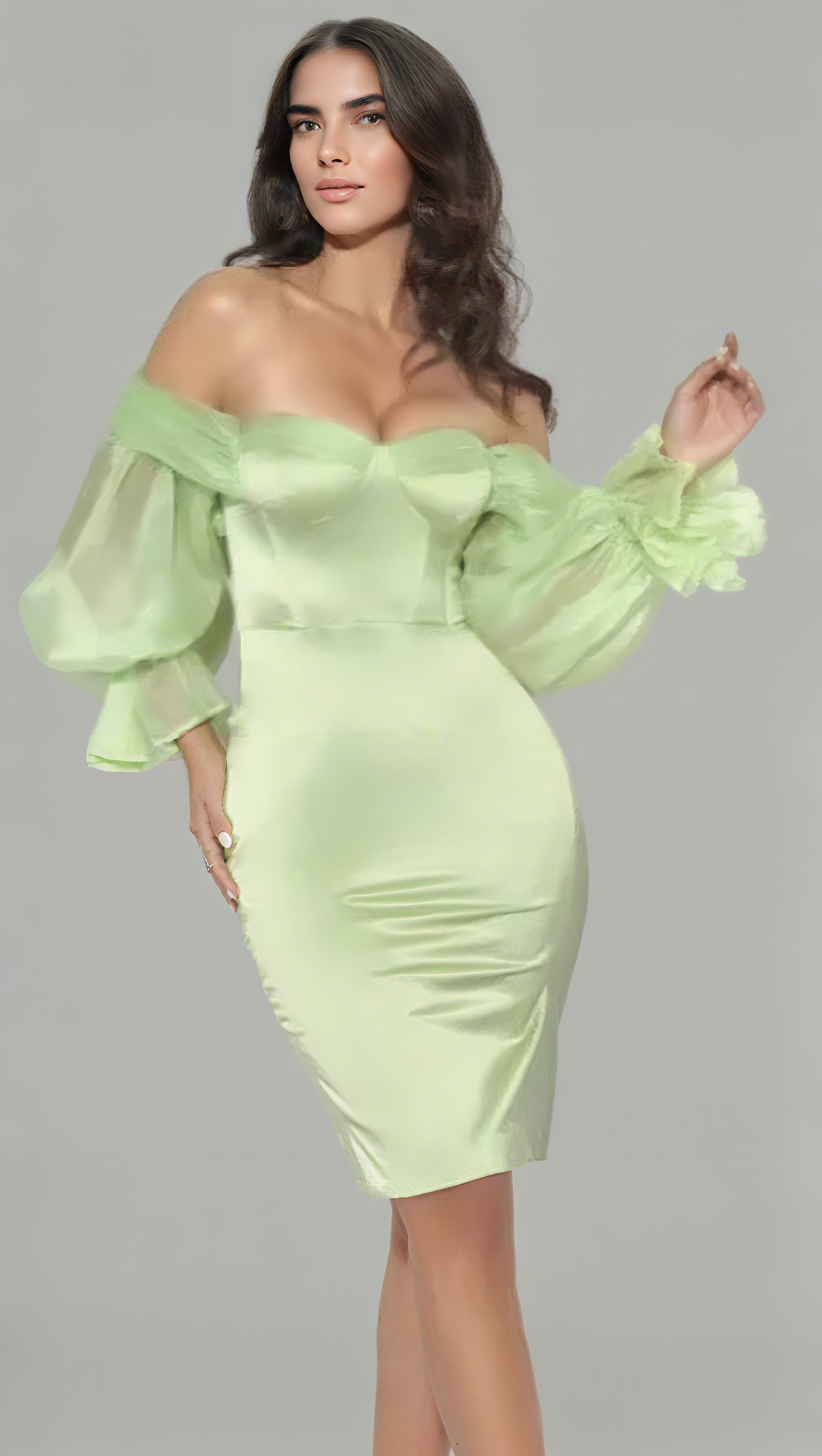 SATIN STRAPLESS PUFF SLEEVE MINI DRESS IN MINT