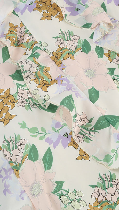 ASYMMETRICAL RUFFLED FLORAL DRAPED MAXI DRESS IN BEIGE