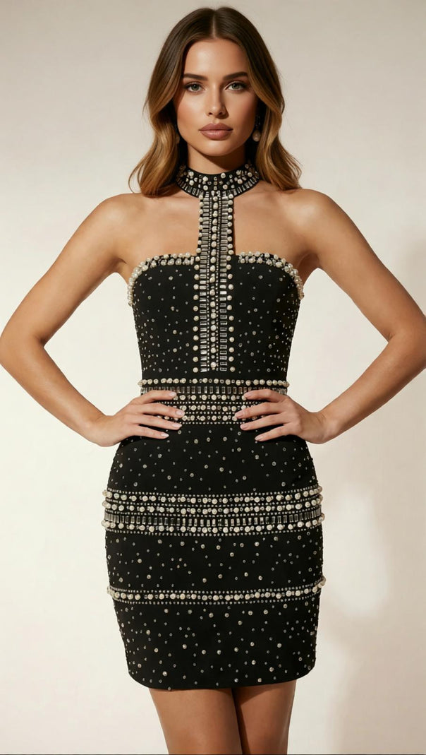 AIIZIE Aelithar Sparkling Halterneck Pearl & Rhinestone Mini Dress - product image