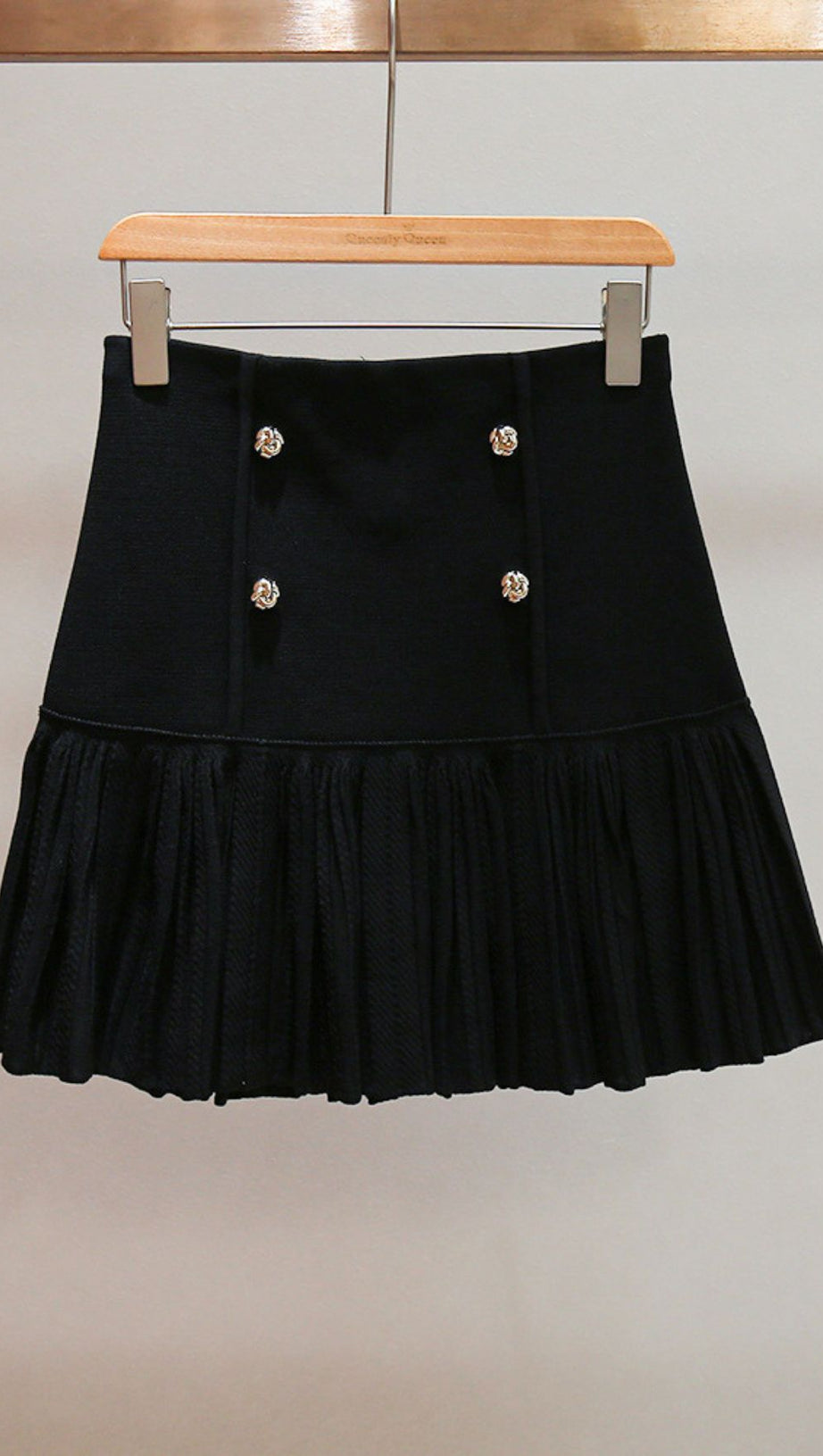 Chic Black Double-Breasted Ruffle Mini Skirt with Gold Buttons