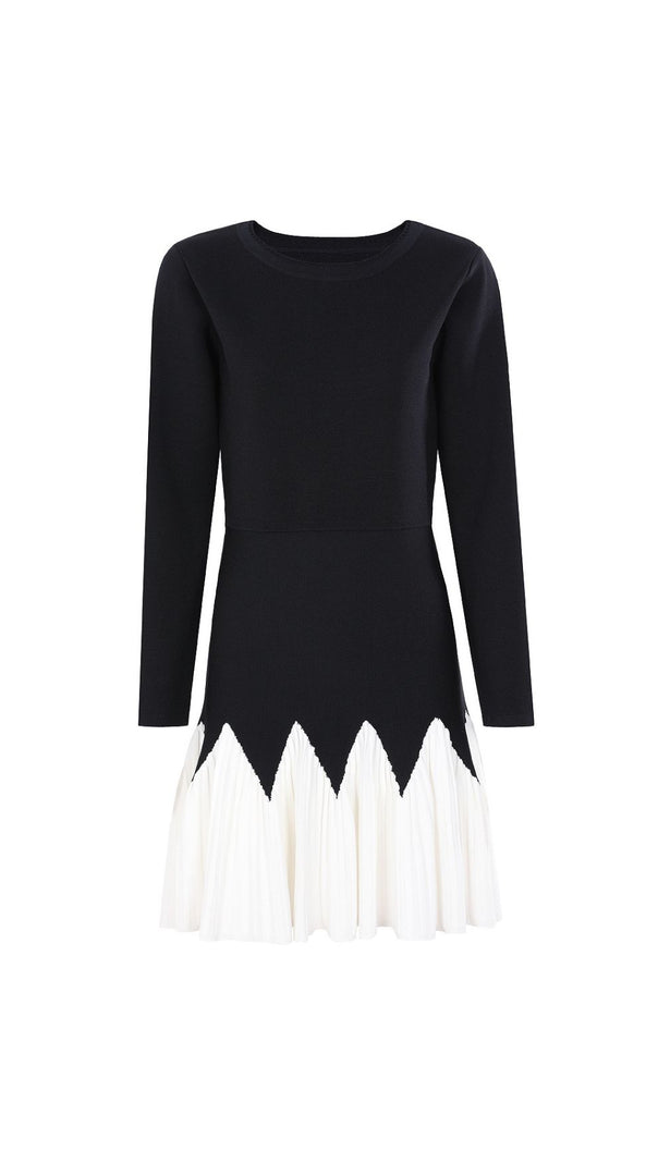 AIIZIE Julinka Chic Two-Tone Knit Pleated Mini Dress | Black & White Scallop Design - product image