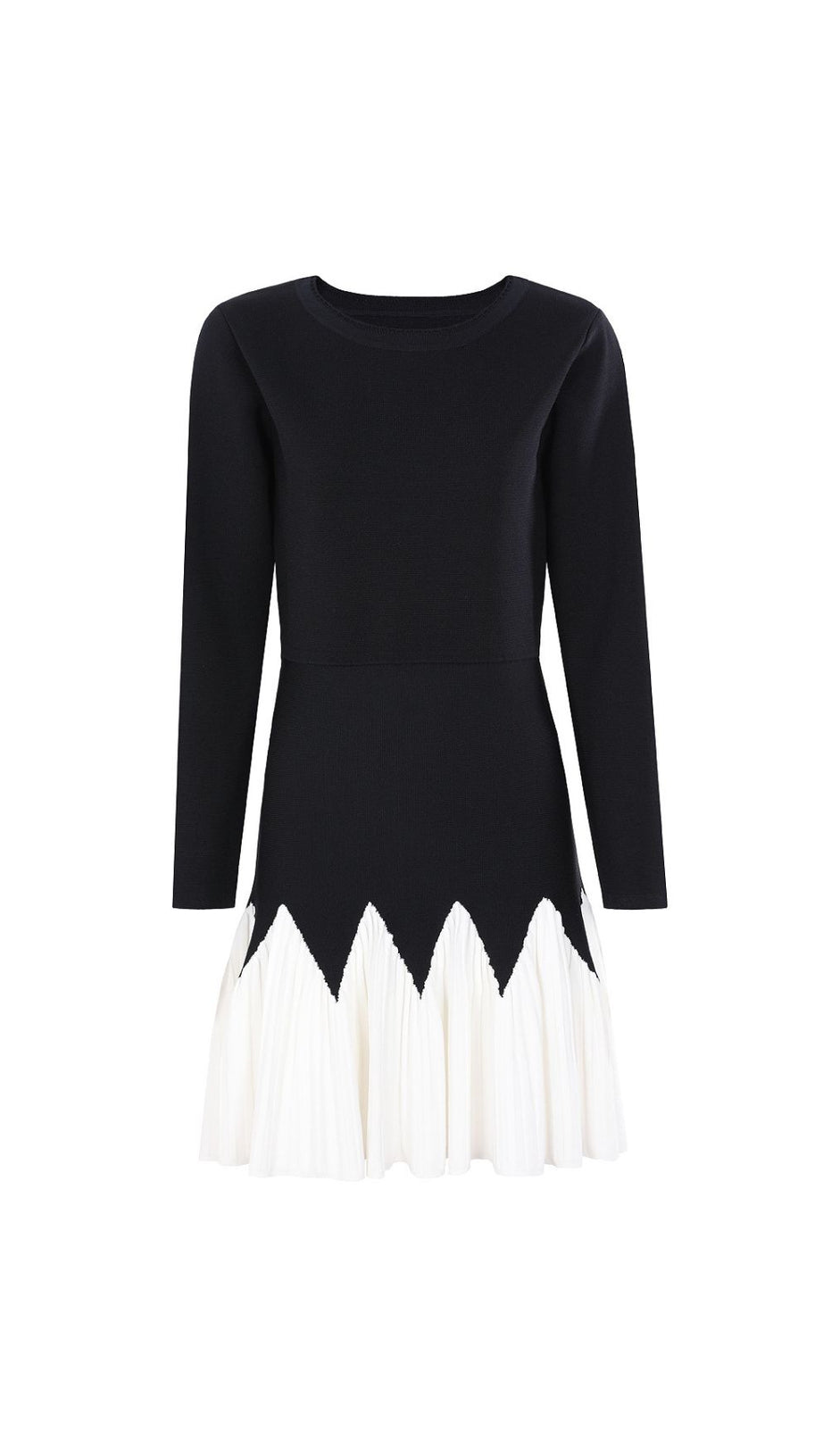 Julinka Chic Two-Tone Knit Pleated Mini Dress | Black & White Scallop Design