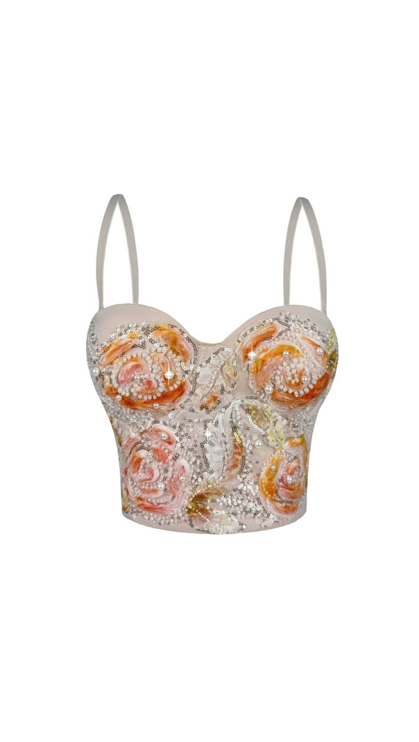 AIIZIE HAZINA FLORAL SEQUIN & PEARL EMBROIDERED BUSTIER CROP TOP - DAZZLING PARTY & FESTIVAL GLAM - product image