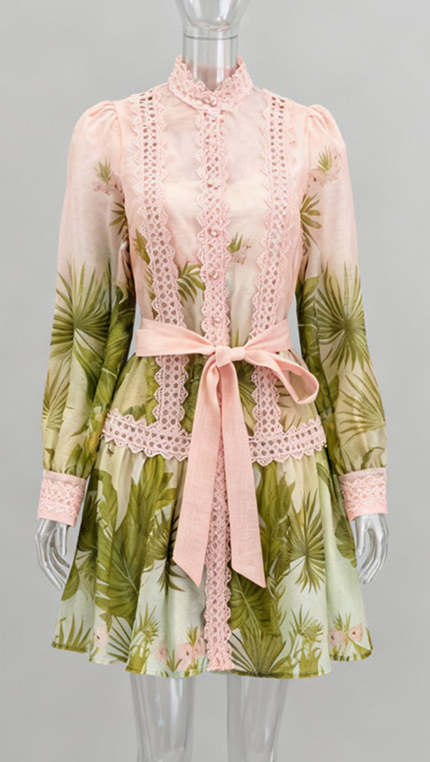 AIIZIE Justina Tropical Charm Mini Dress: Chic Lace & Long Sleeve Style - product image