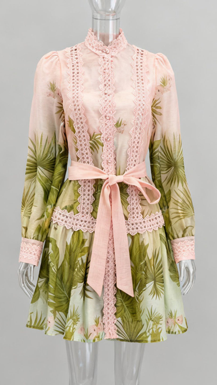 Justina Tropical Charm Mini Dress: Chic Lace & Long Sleeve Style