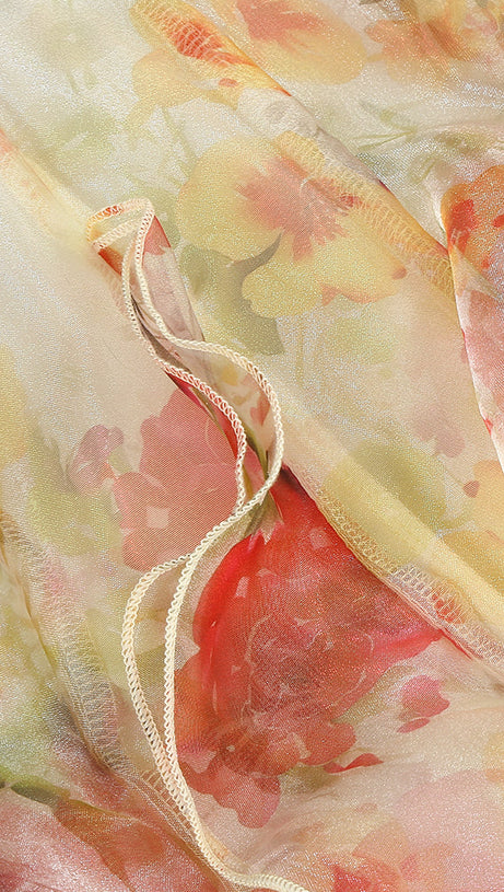 BELINDA YELLOW FLORAL VERTICAL RUFFLE TRIM MAXI DRESS