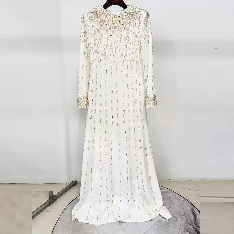 Ivory Beaded Maxi Dress Long Sleeve Rose Gold Gown
