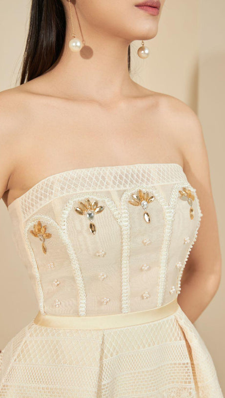 TERESA BEIGE A-LINE STRAIGHT ACROSS NECK LACE MINI DRESS