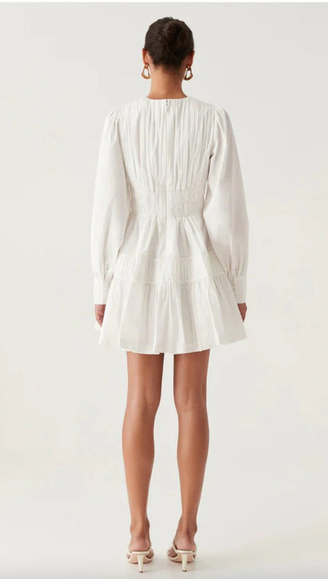 VALERIE FALLINGWATER RUCHED MINI DRESS IN WHITE